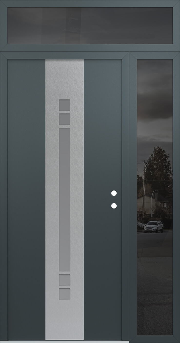 Modern Steel Front Door DIAMOND A4 52" X 96" ANTHRACITE/ANTHRACITE FROSTED GLASS PANEL STAINLESS STEEL LHI WITH SIDELITE AND TRANSOM FROSTED GLASS