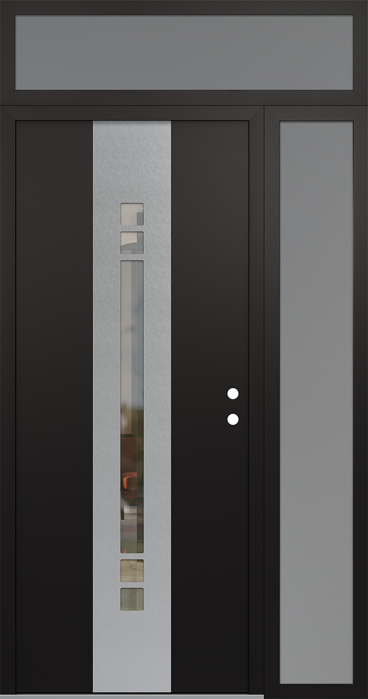 Modern Steel Front Door DIAMOND A4 52" X 96" BLACK/BLACK CLEAR GLASS PANEL STAINLESS STEEL LHI WITH SIDELITE AND TRANSOM CLEAR GLASS