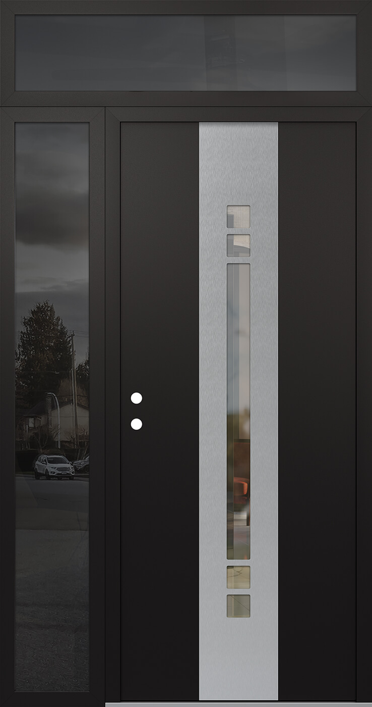 Modern Steel Front Door DIAMOND A4 52" X 96" BLACK/BLACK CLEAR GLASS PANEL STAINLESS STEEL RHI WITH SIDELITE AND TRANSOM FROSTED GLASS