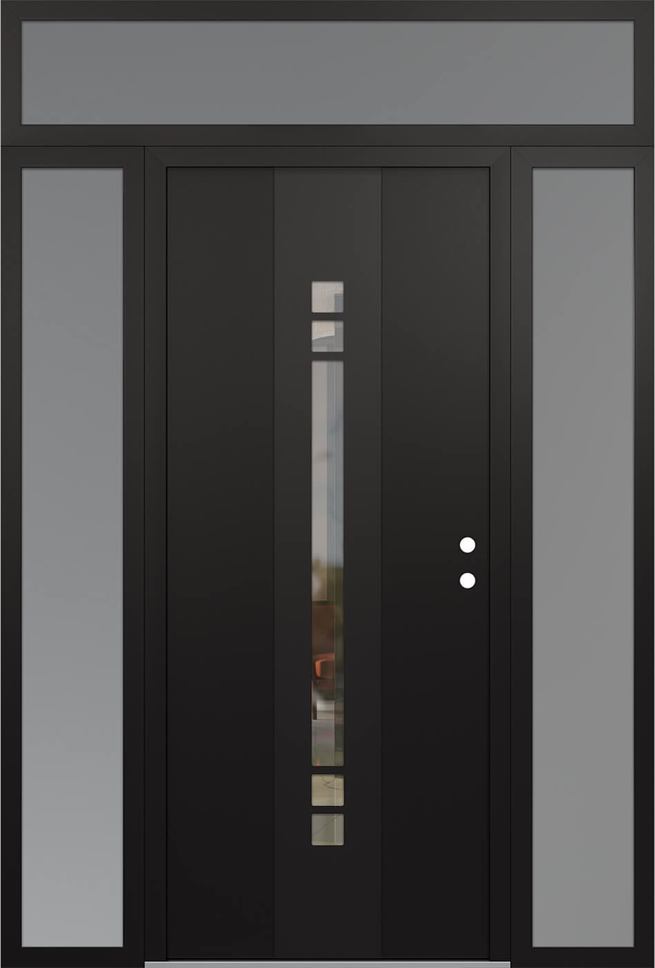 Modern Steel Front Door DIAMOND A4 60" X 96" BLACK/BLACK CLEAR GLASS PANEL BLACK LHI WITH 2 SIDELITES AND TRANSOM MIRRORED GLASS