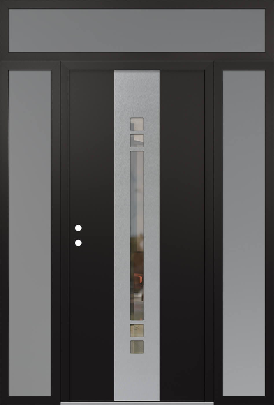 Modern Steel Front Door DIAMOND A4 60" X 96" BLACK/BLACK CLEAR GLASS PANEL STAINLESS STEEL RHI WITH 2 SIDELITES AND TRANSOM CLEAR GLASS