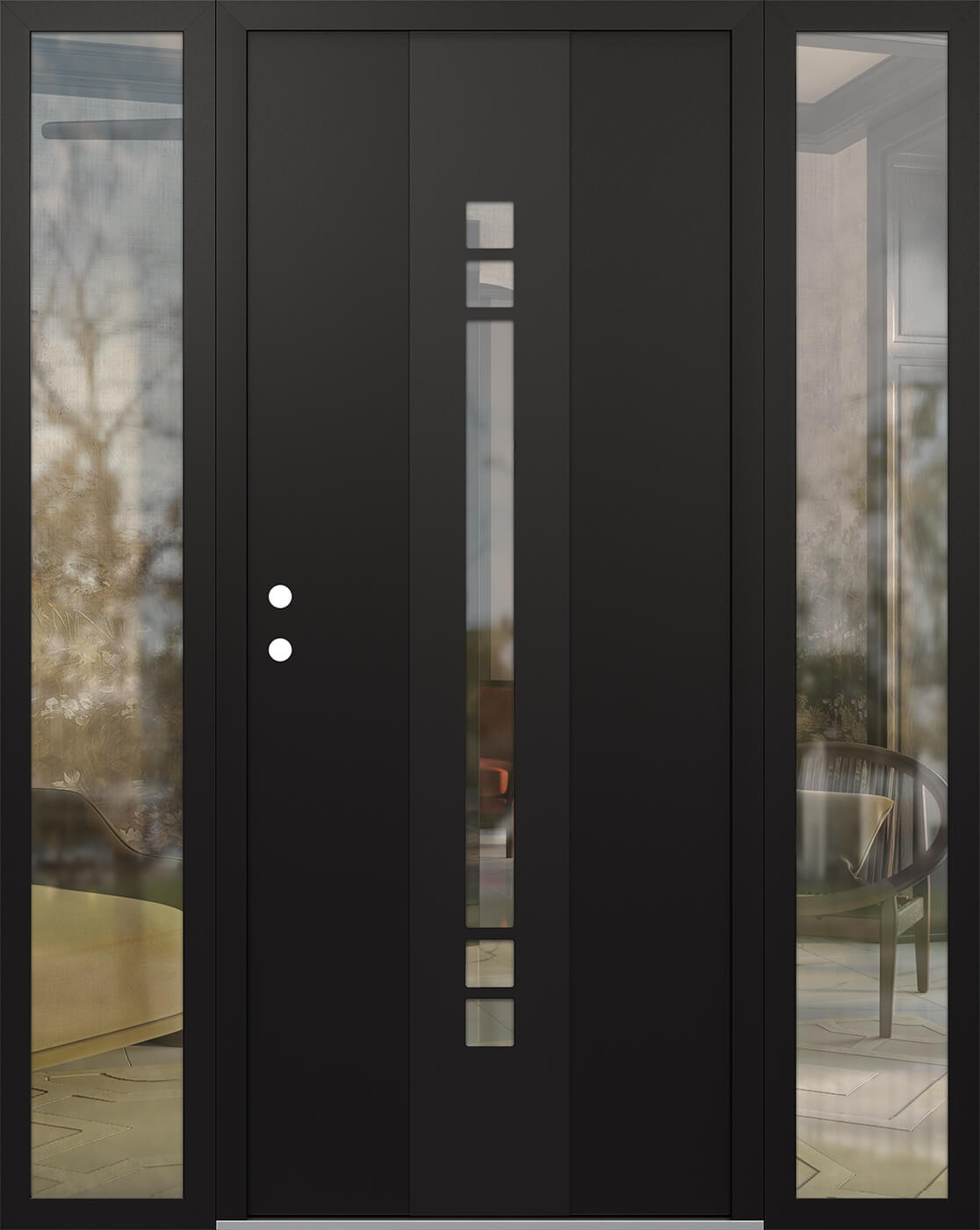 Modern Steel Front Door DIAMOND A4 64" X 80" BLACK/BLACK CLEAR GLASS PANEL BLACK RHI WITH 2 SIDELITES MIRRORED GLASS