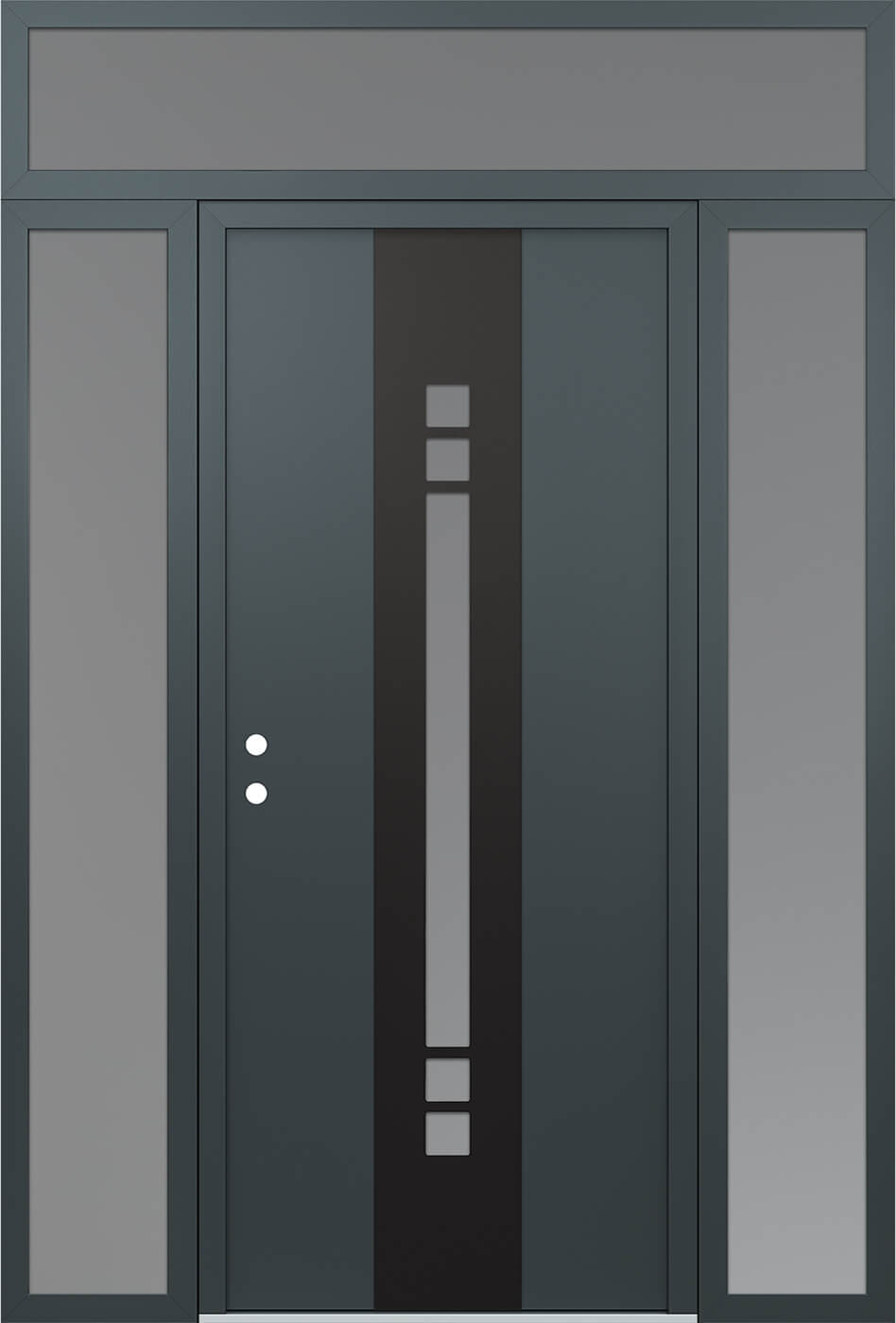 Modern Steel Front Door DIAMOND A4 64" X 96" ANTHRACITE/ANTHRACITE FROSTED GLASS PANEL BLACK RHI WITH 2 SIDELITES AND TRANSOM CLEAR GLASS