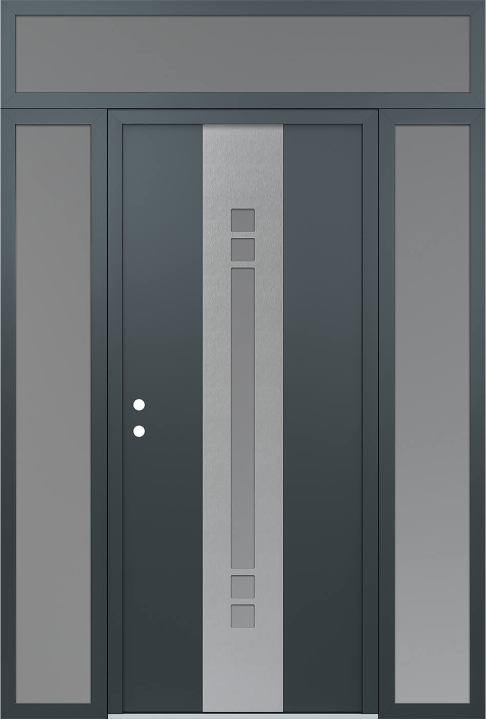 Modern Steel Front Door DIAMOND A4 64" X 96" ANTHRACITE/ANTHRACITE FROSTED GLASS PANEL STAINLESS STEEL LHI WITH 2 SIDELITES AND TRANSOM MIRRORED GLASS