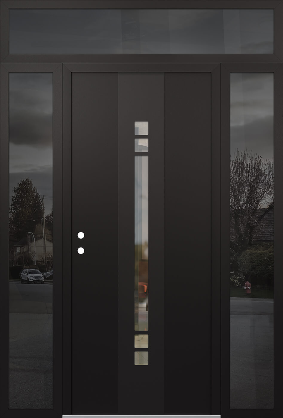Modern Steel Front Door DIAMOND A4 64" X 96" BLACK/BLACK CLEAR GLASS PANEL BLACK RHI WITH 2 SIDELITES AND TRANSOM CLEAR GLASS