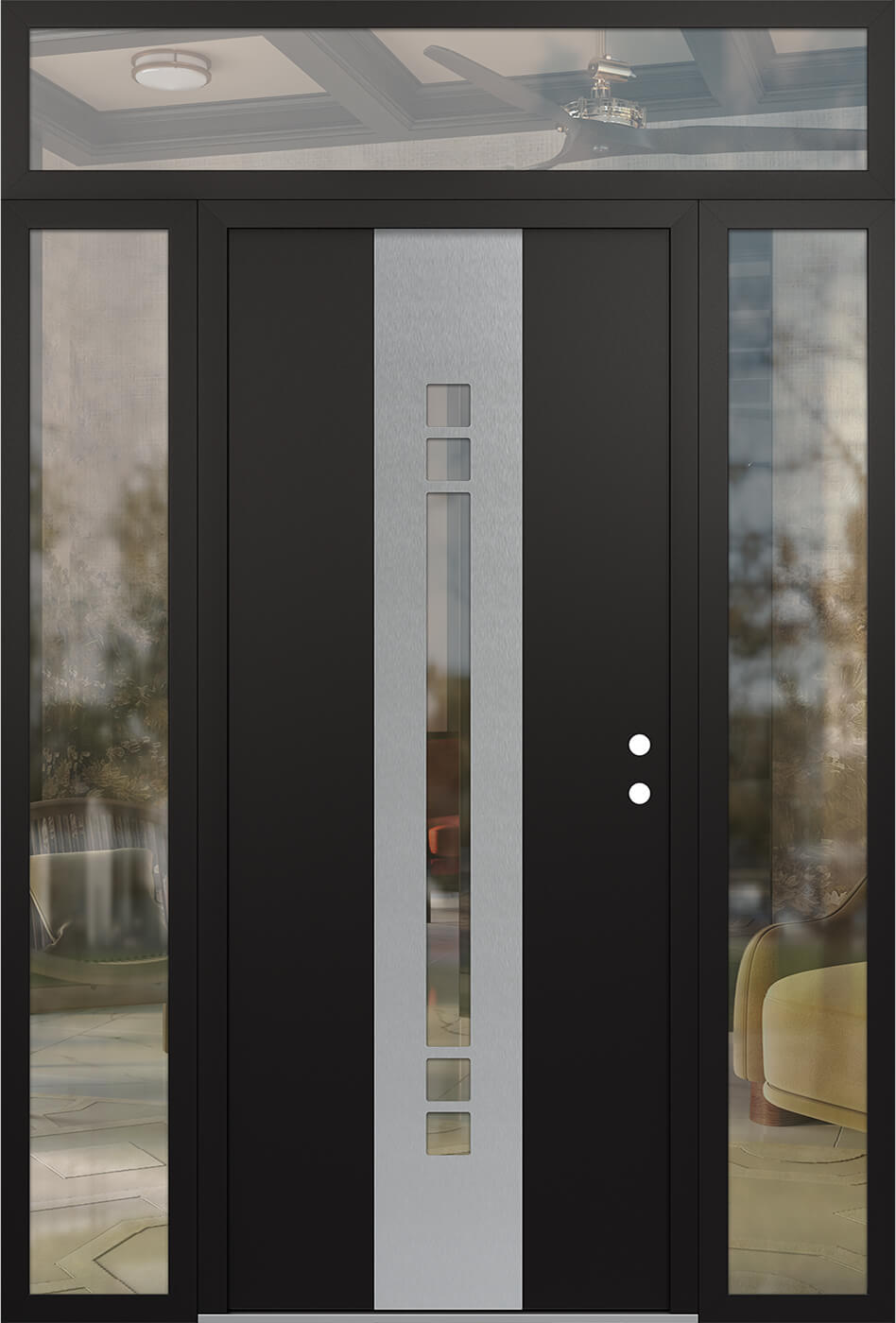 Modern Steel Front Door DIAMOND A4 64" X 96" BLACK/BLACK CLEAR GLASS PANEL STAINLESS STEEL LHI WITH 2 SIDELITES AND TRANSOM FROSTED GLASS