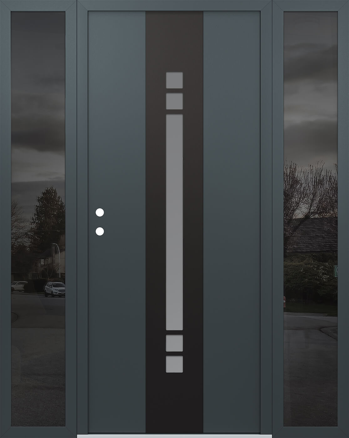 Modern Steel Front Door DIAMOND A4 68" X 80" ANTHRACITE/ANTHRACITE FROSTED GLASS PANEL BLACK RHI WITH 2 SIDELITES FROSTED GLASS