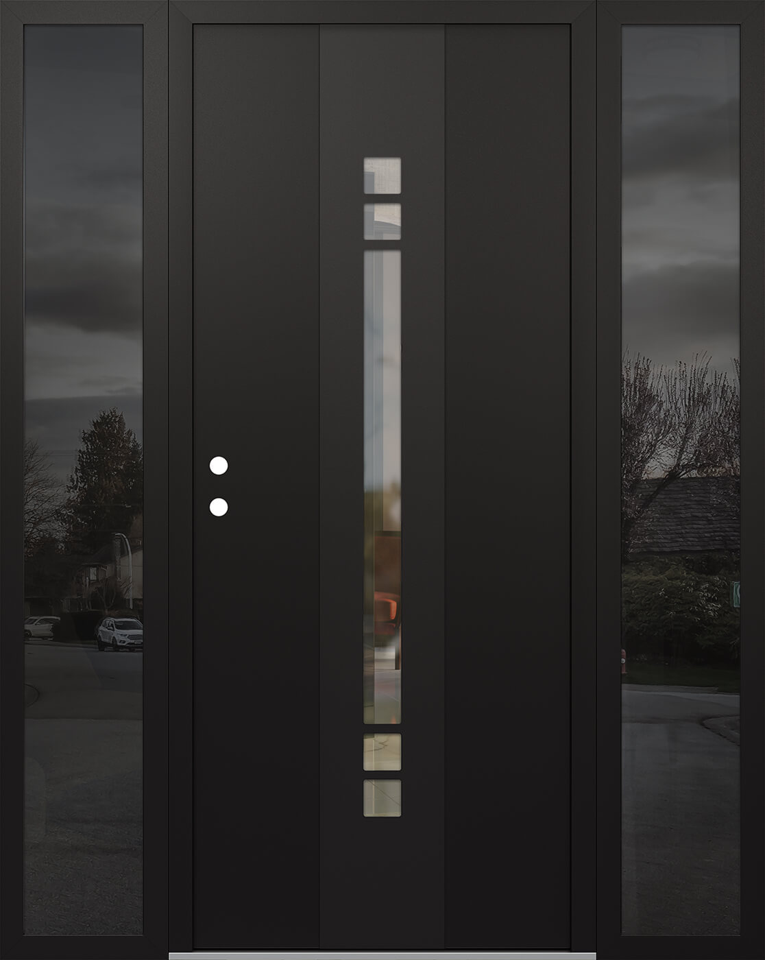 Modern Steel Front Door DIAMOND A4 68" X 80" BLACK/BLACK CLEAR GLASS PANEL BLACK RHI WITH 2 SIDELITES CLEAR GLASS