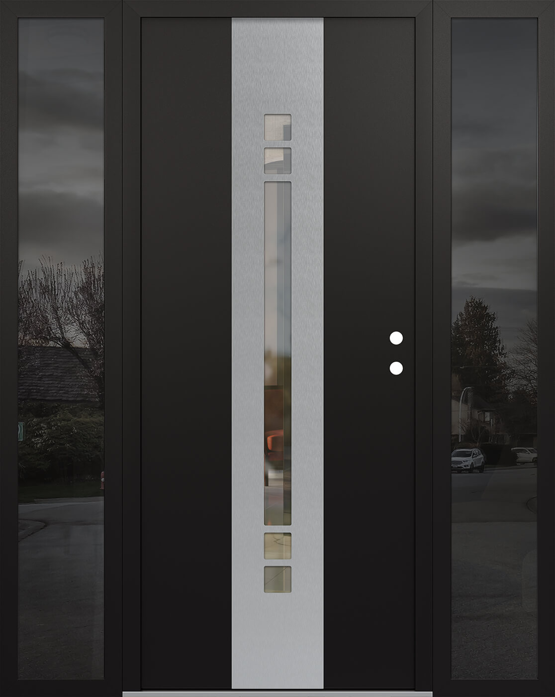 Modern Steel Front Door DIAMOND A4 68" X 80" BLACK/BLACK CLEAR GLASS PANEL STAINLESS STEEL LHI WITH 2 SIDELITES CLEAR GLASS