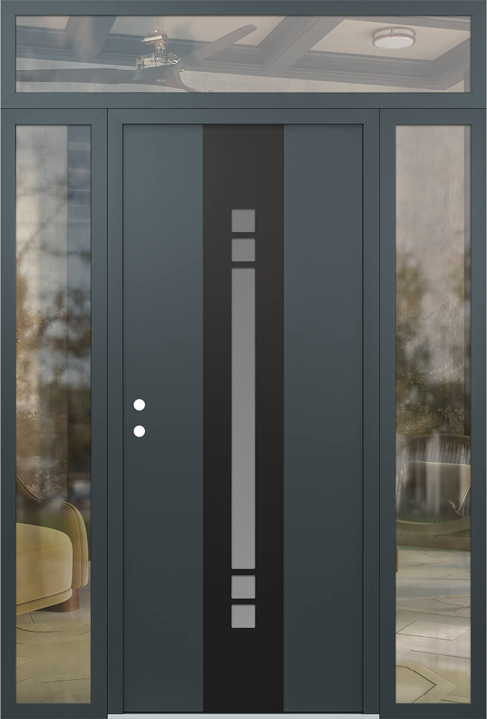 Modern Steel Front Door DIAMOND A4 68" X 96" ANTHRACITE/ANTHRACITE FROSTED GLASS PANEL BLACK RHI WITH 2 SIDELITES AND TRANSOM MIRRORED GLASS