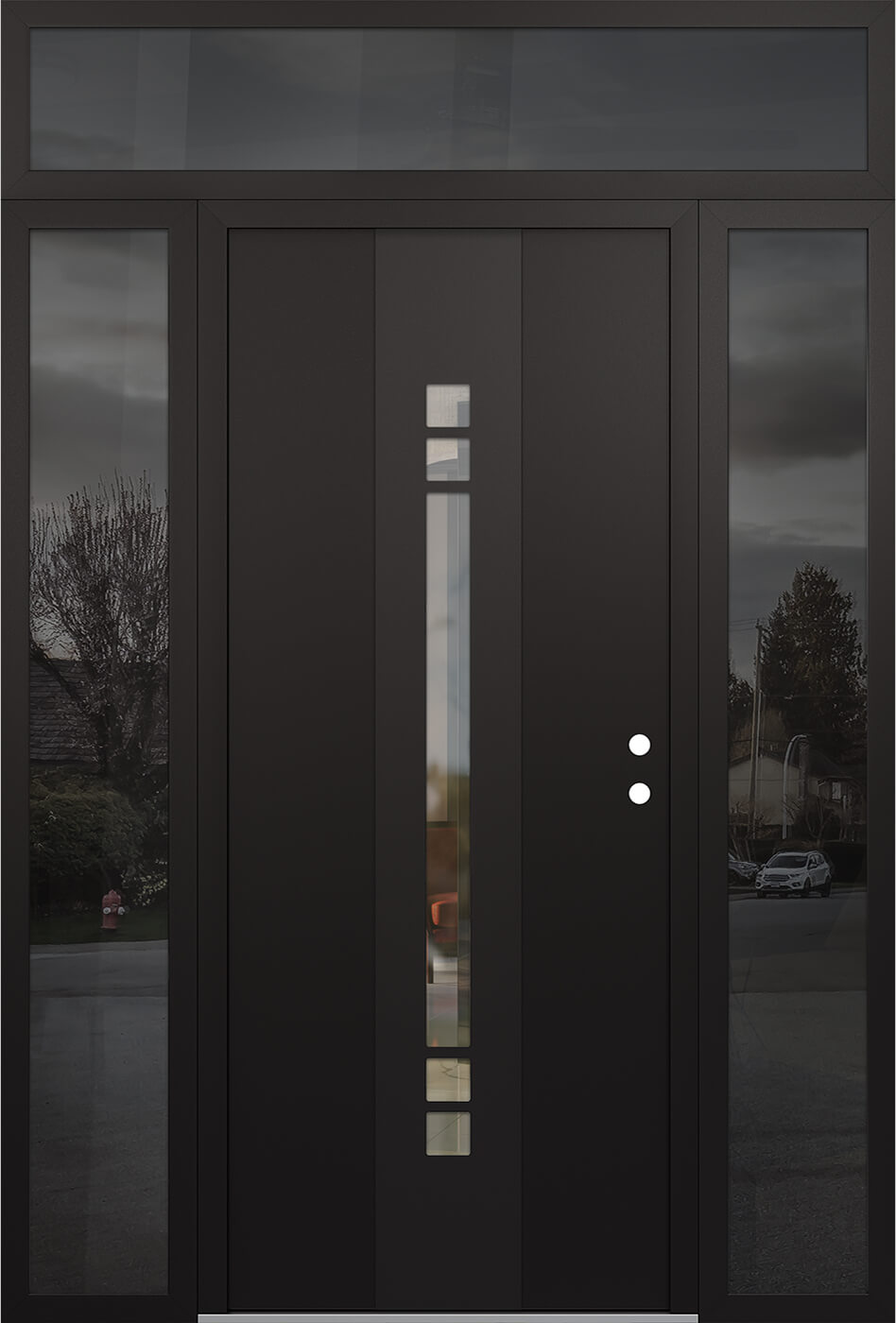 Modern Steel Front Door DIAMOND A4 68" X 96" BLACK/BLACK CLEAR GLASS PANEL BLACK LHI WITH 2 SIDELITES AND TRANSOM FROSTED GLASS