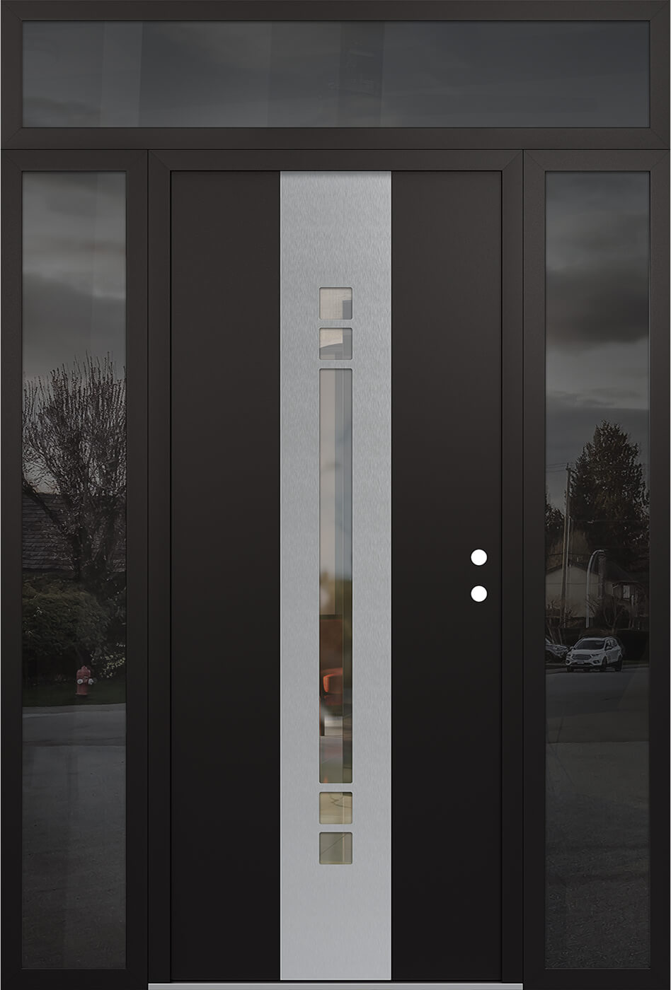 Modern Steel Front Door DIAMOND A4 68" X 96" BLACK/BLACK CLEAR GLASS PANEL STAINLESS STEEL LHI WITH 2 SIDELITES AND TRANSOM CLEAR GLASS