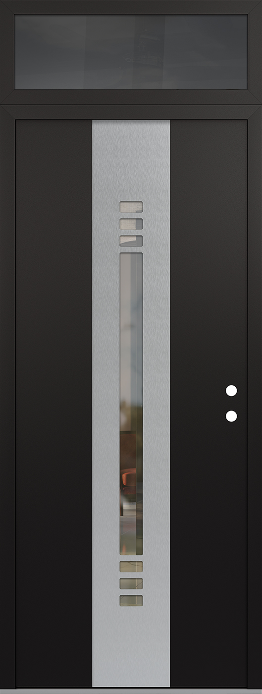 Modern Steel Front Door DIAMOND A5 36" X 96" BLACK/BLACK CLEAR GLASS PANEL STAINLESS STEEL LHI WITH TRANSOM MIRRORED GLASS