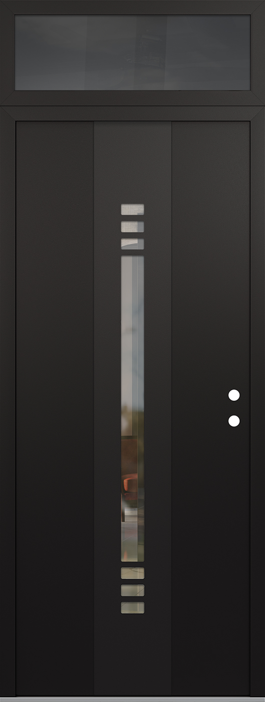 Modern Steel Front Door DIAMOND A5 36" X 96" BLACK/BLACK CLEAR GLASS PANEL BLACK LHI WITH TRANSOM MIRRORED GLASS