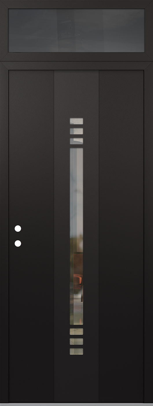 Modern Steel Front Door DIAMOND A5 36" X 96" BLACK/BLACK CLEAR GLASS PANEL BLACK RHI WITH TRANSOM MIRRORED GLASS