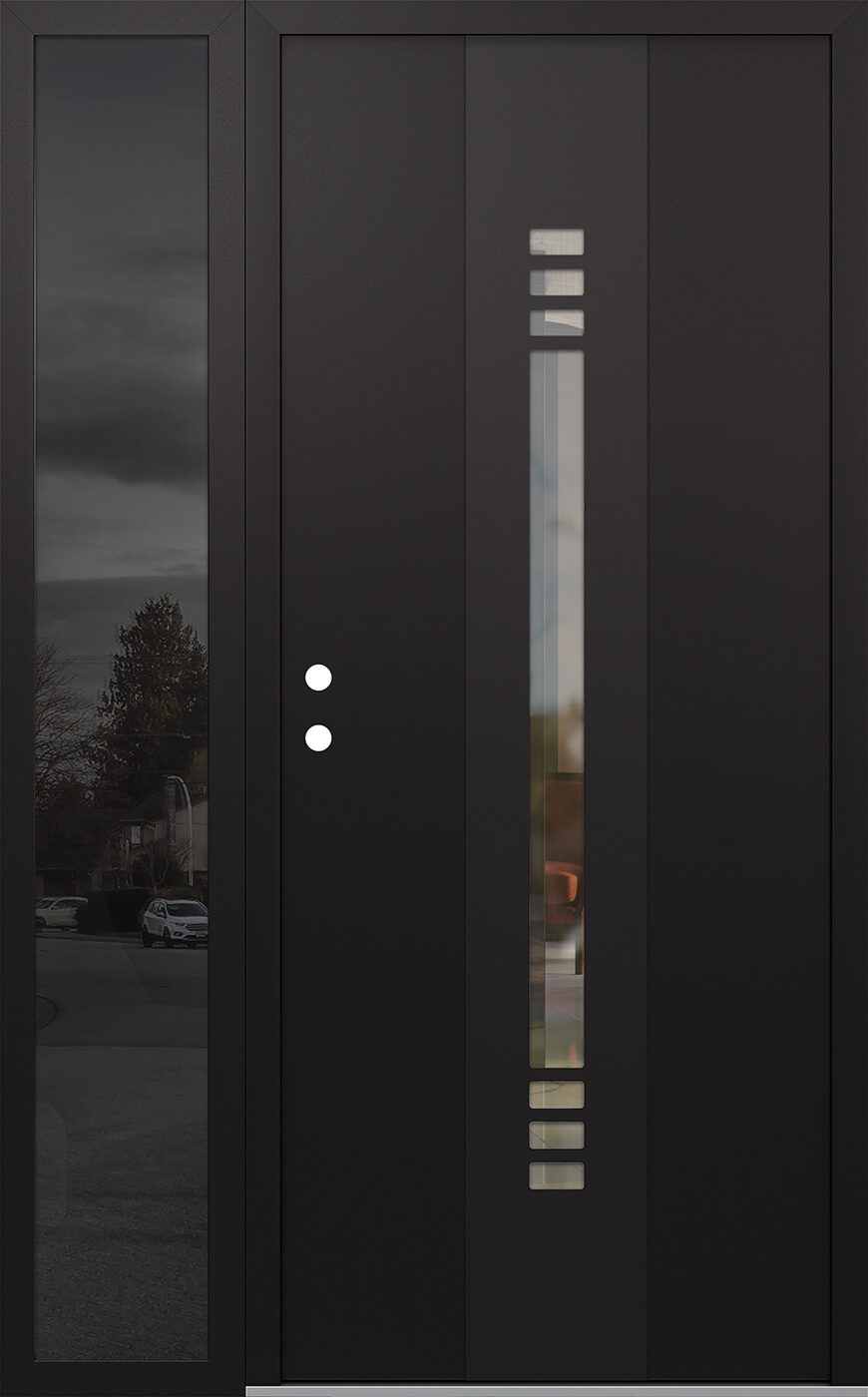 Modern Steel Front Door DIAMOND A5 48" X 80" BLACK/BLACK CLEAR GLASS PANEL BLACK RHI WITH SIDELITE MIRRORED GLASS