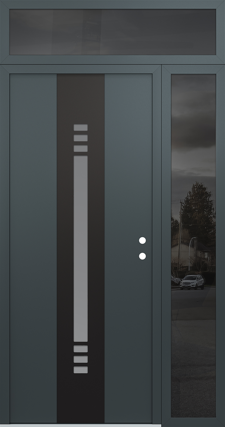 Modern Steel Front Door DIAMOND A5 48" X 96" ANTHRACITE/ANTHRACITE FROSTED GLASS PANEL BLACK LHI WITH SIDELITE AND TRANSOM FROSTED GLASS