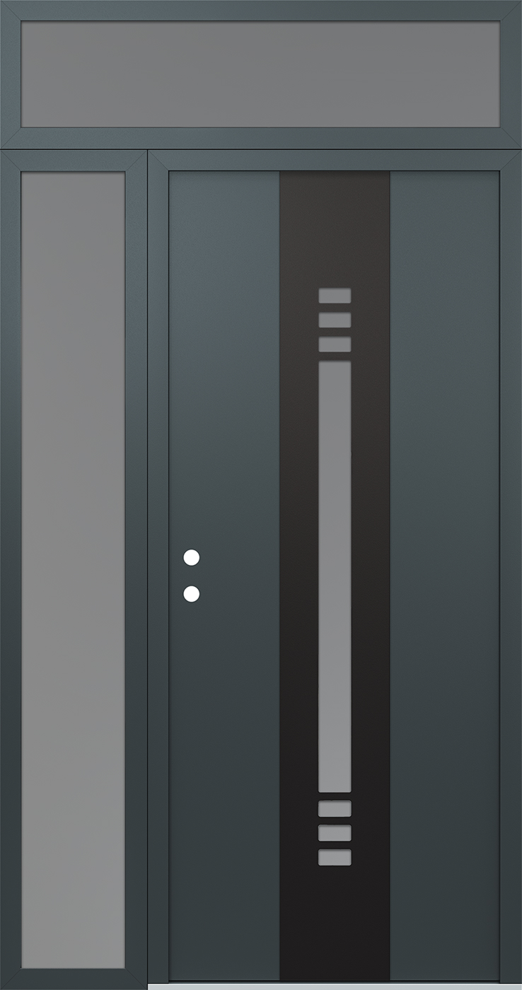 Modern Steel Front Door DIAMOND A5 48" X 96" ANTHRACITE/ANTHRACITE FROSTED GLASS PANEL BLACK RHI WITH SIDELITE AND TRANSOM MIRRORED GLASS