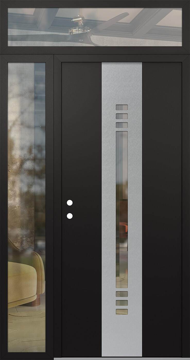 Modern Steel Front Door DIAMOND A5 48" X 96" BLACK/BLACK CLEAR GLASS PANEL STAINLESS STEEL RHI WITH SIDELITE AND TRANSOM MIRRORED GLASS