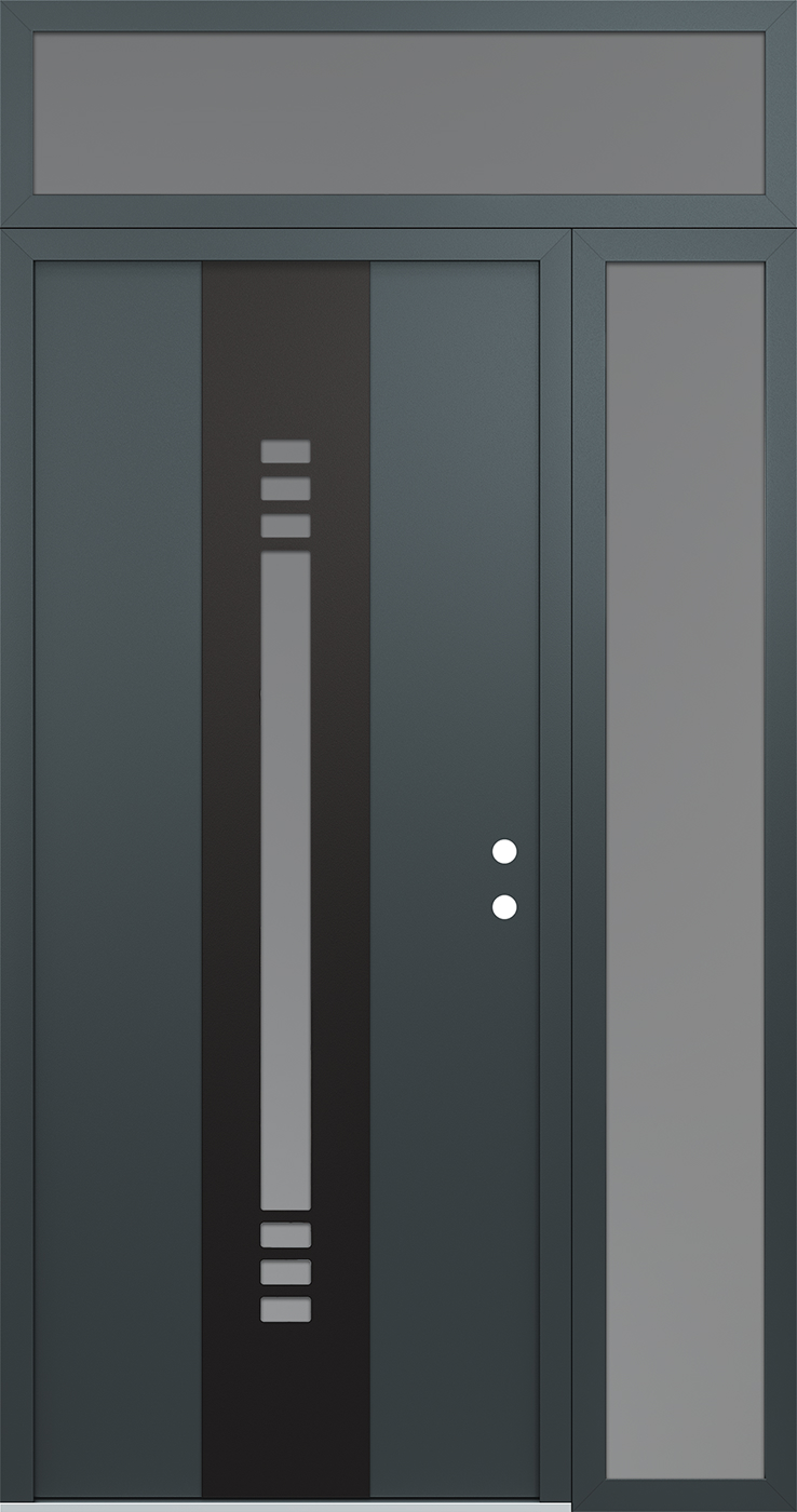 Modern Steel Front Door DIAMOND A5 50" X 96" ANTHRACITE/ANTHRACITE FROSTED GLASS PANEL BLACK LHI WITH SIDELITE AND TRANSOM MIRRORED GLASS