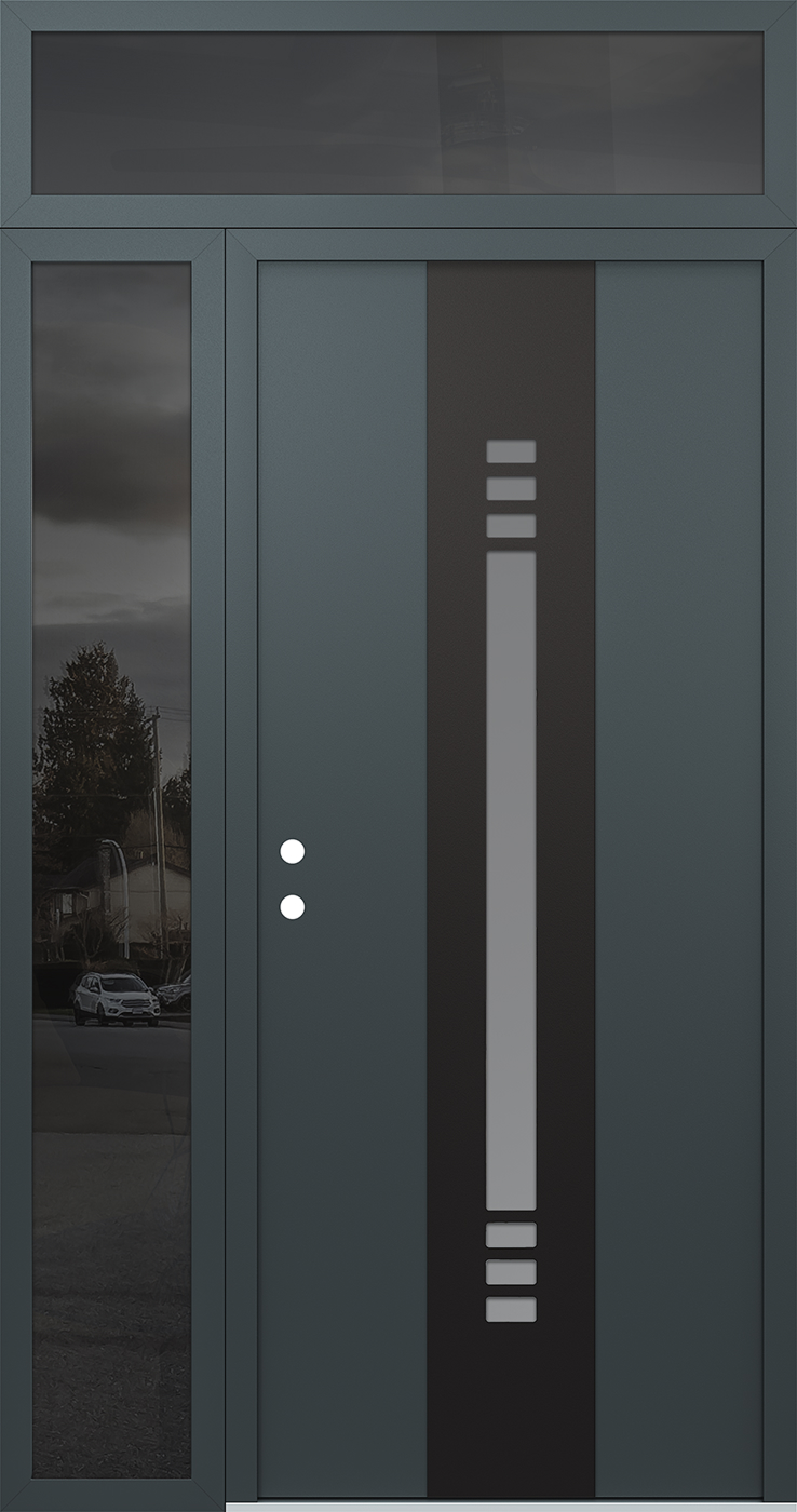 Modern Steel Front Door DIAMOND A5 50" X 96" ANTHRACITE/ANTHRACITE FROSTED GLASS PANEL BLACK RHI WITH SIDELITE AND TRANSOM FROSTED GLASS