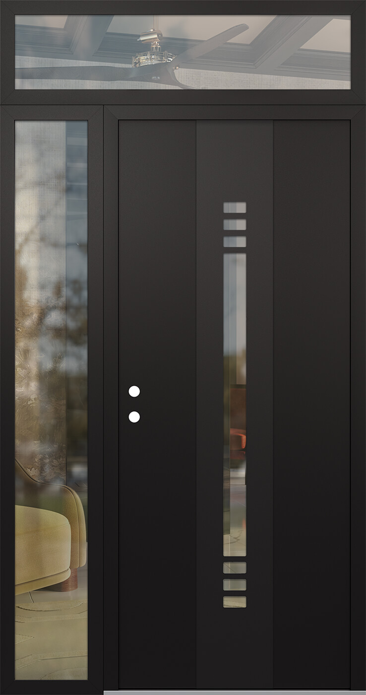 Modern Steel Front Door DIAMOND A5 50" X 96" BLACK/BLACK CLEAR GLASS PANEL BLACK RHI WITH SIDELITE AND TRANSOM FROSTED GLASS