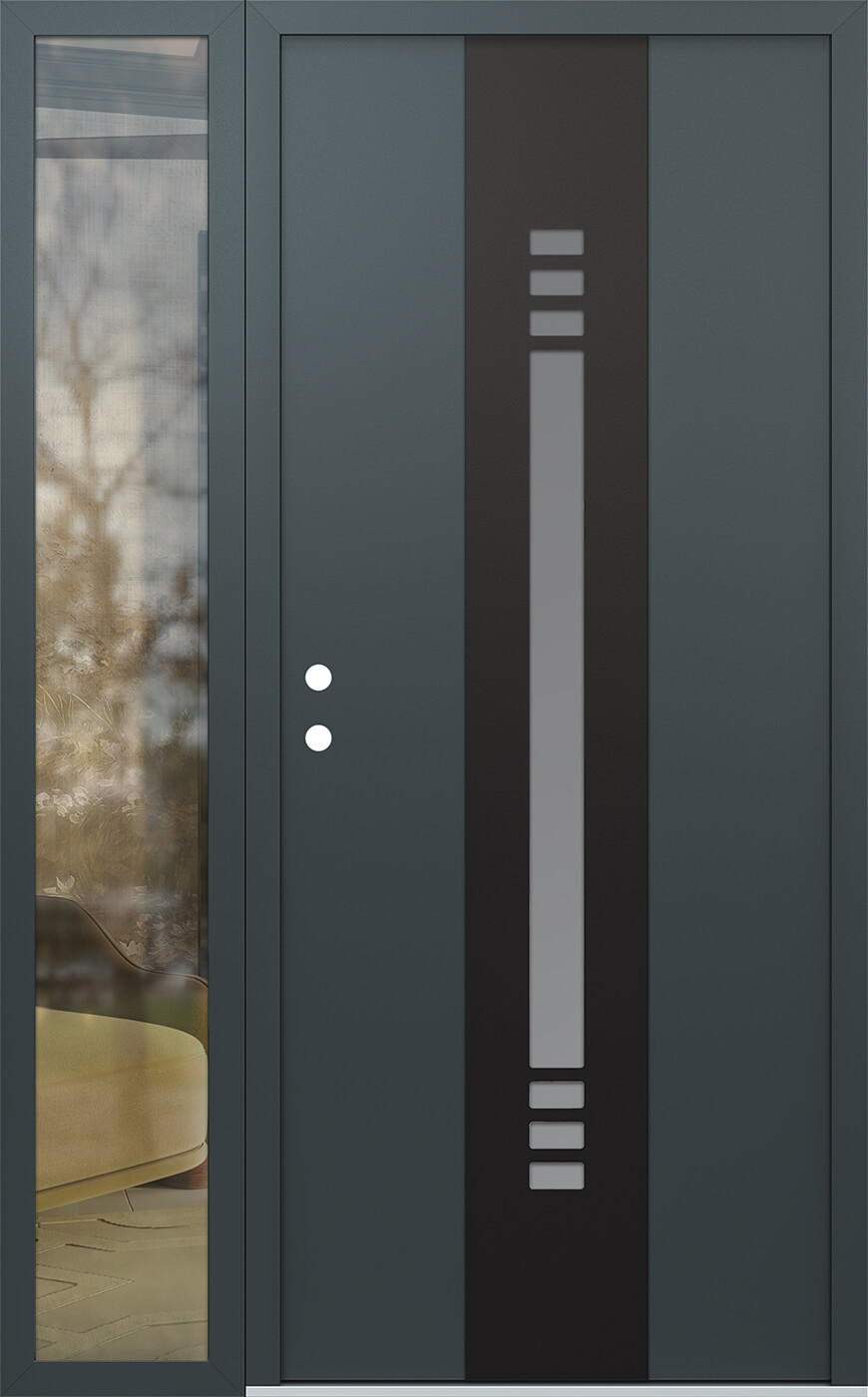 Modern Steel Front Door DIAMOND A5 52" X 80" ANTHRACITE/ANTHRACITE FROSTED GLASS PANEL BLACK RHI WITH SIDELITE MIRRORED GLASS