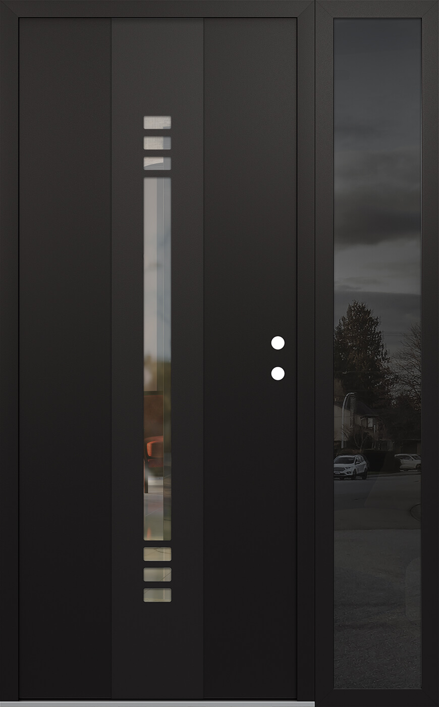 Modern Steel Front Door DIAMOND A5 52" X 80" BLACK/BLACK CLEAR GLASS PANEL BLACK LHI WITH SIDELITE MIRRORED GLASS