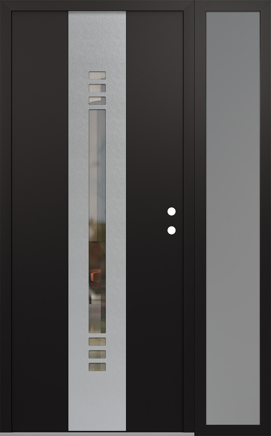 Modern Steel Front Door DIAMOND A5 52" X 80" BLACK/BLACK CLEAR GLASS PANEL STAINLESS STEEL LHI WITH SIDELITE CLEAR GLASS