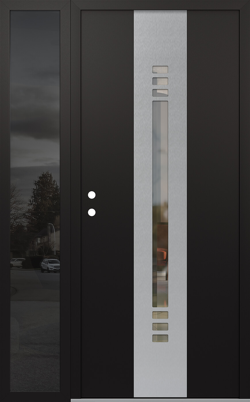 Modern Steel Front Door DIAMOND A5 52" X 80" BLACK/BLACK CLEAR GLASS PANEL STAINLESS STEEL RHI WITH SIDELITE CLEAR GLASS