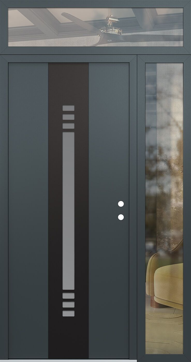 Modern Steel Front Door DIAMOND A5 52" X 96" ANTHRACITE/ANTHRACITE FROSTED GLASS PANEL BLACK LHI WITH SIDELITE AND TRANSOM FROSTED GLASS