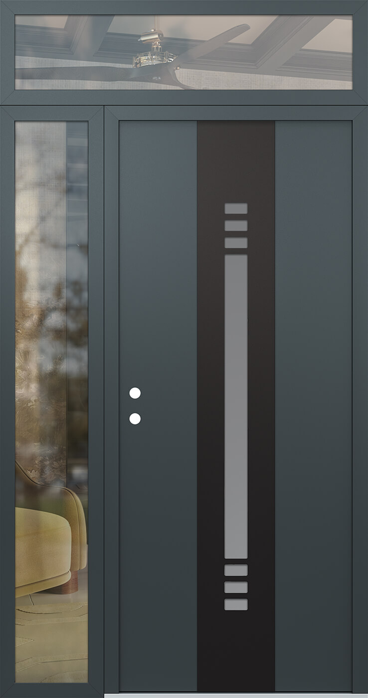 Modern Steel Front Door DIAMOND A5 52" X 96" ANTHRACITE/ANTHRACITE FROSTED GLASS PANEL BLACK RHI WITH SIDELITE AND TRANSOM MIRRORED GLASS