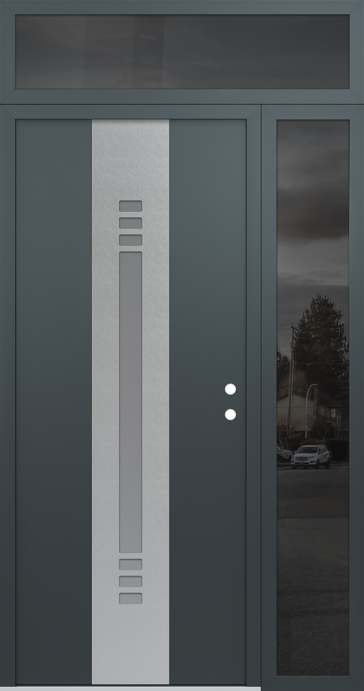 Modern Steel Front Door DIAMOND A5 52" X 96" ANTHRACITE/ANTHRACITE FROSTED GLASS PANEL STAINLESS STEEL RHI WITH SIDELITE AND TRANSOM MIRRORED GLASS