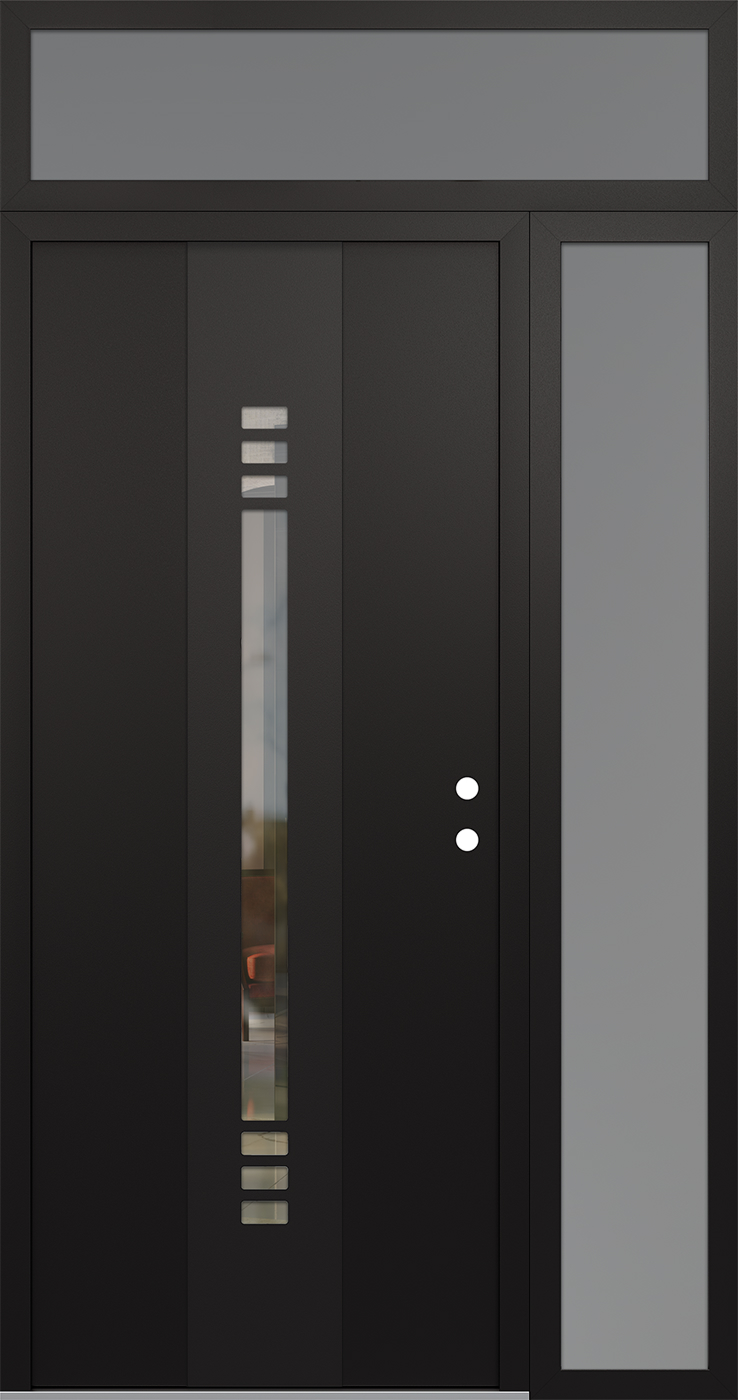 Modern Steel Front Door DIAMOND A5 52" X 96" BLACK/BLACK CLEAR GLASS PANEL BLACK LHI WITH SIDELITE AND TRANSOM MIRRORED GLASS