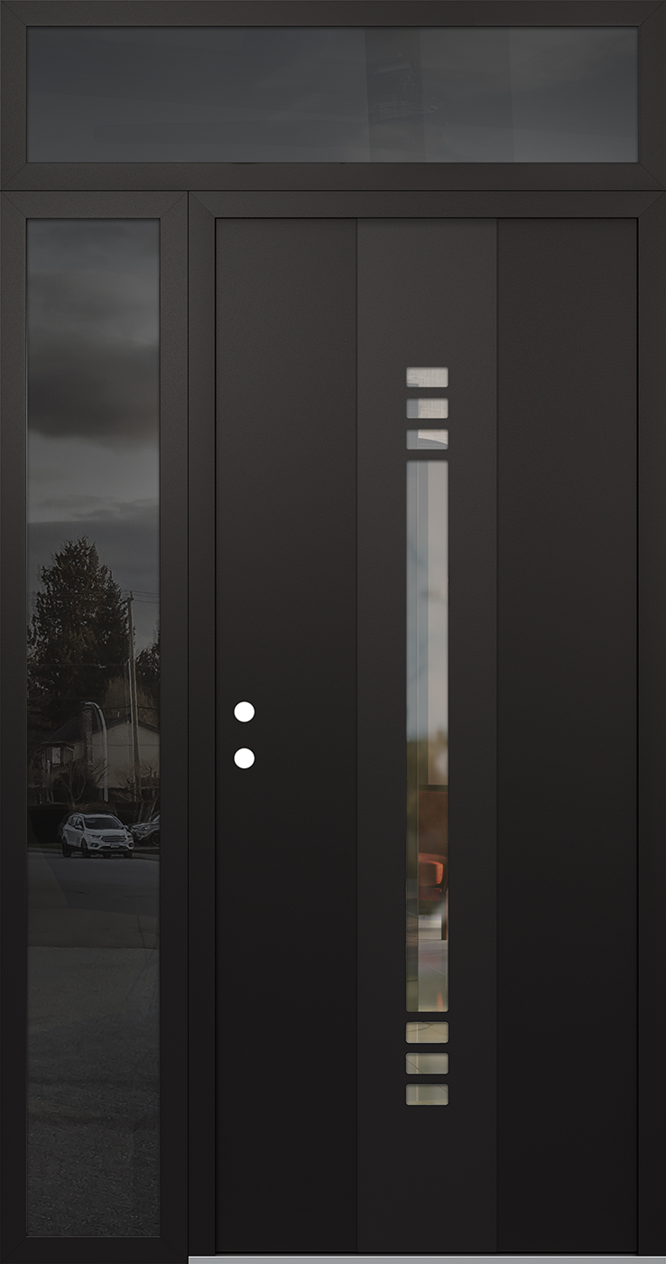 Modern Steel Front Door DIAMOND A5 52" X 96" BLACK/BLACK CLEAR GLASS PANEL BLACK RHI WITH SIDELITE AND TRANSOM FROSTED GLASS