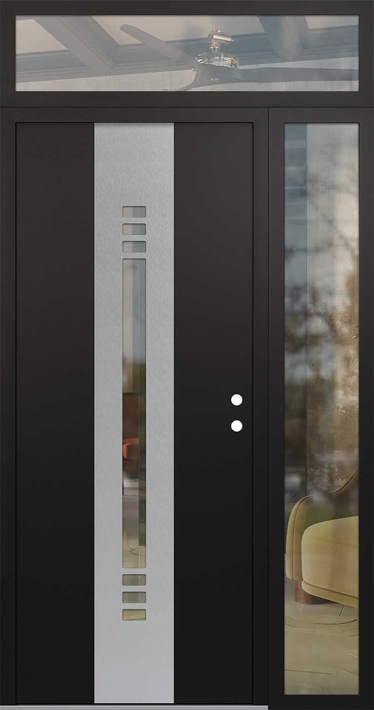 Modern Steel Front Door DIAMOND A5 52" X 96" BLACK/BLACK CLEAR GLASS PANEL STAINLESS STEEL LHI WITH SIDELITE AND TRANSOM FROSTED GLASS