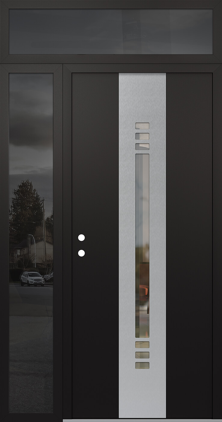 Modern Steel Front Door DIAMOND A5 52" X 96" BLACK/BLACK CLEAR GLASS PANEL STAINLESS STEEL RHI WITH SIDELITE AND TRANSOM CLEAR GLASS