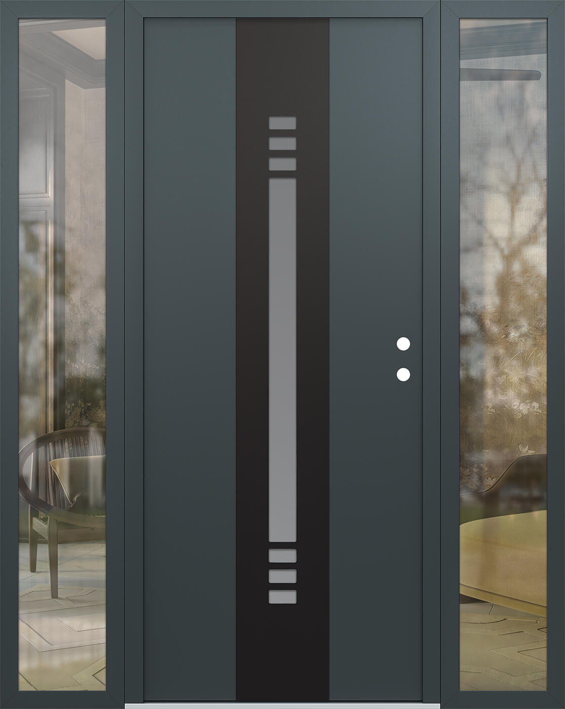 Modern Steel Front Door DIAMOND A5 60" X 80" ANTHRACITE/ANTHRACITE FROSTED GLASS PANEL BLACK LHI WITH 2 SIDELITES MIRRORED GLASS