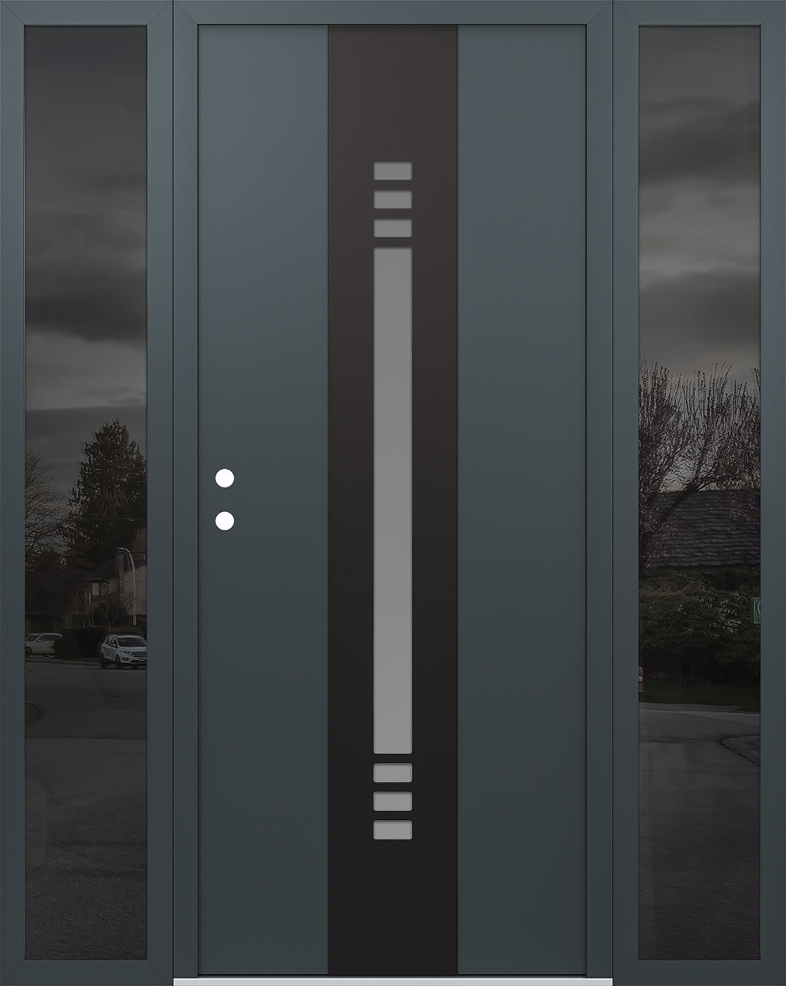 Modern Steel Front Door DIAMOND A5 60" X 80" ANTHRACITE/ANTHRACITE FROSTED GLASS PANEL BLACK RHI WITH 2 SIDELITES CLEAR GLASS