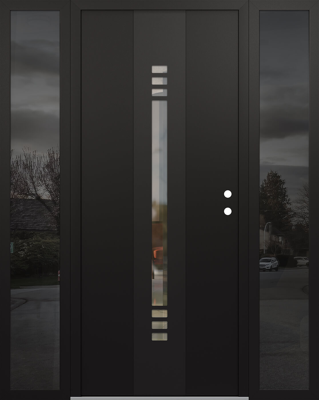Modern Steel Front Door DIAMOND A5 60" X 80" BLACK/BLACK CLEAR GLASS PANEL BLACK LHI WITH 2 SIDELITES FROSTED GLASS