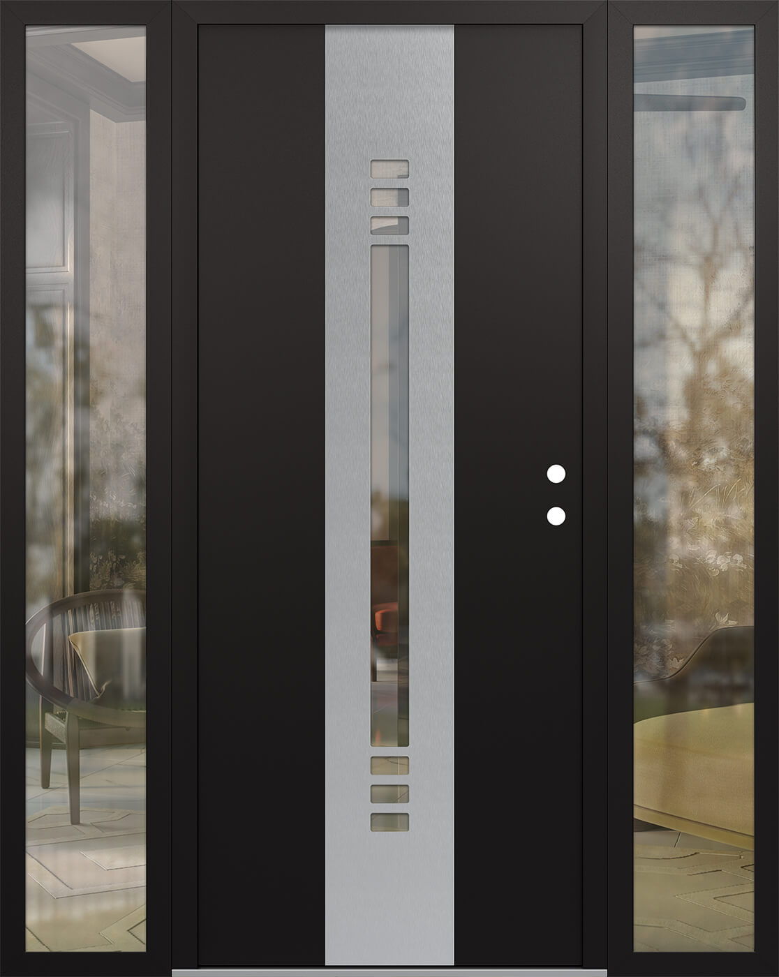 Modern Steel Front Door DIAMOND A5 60" X 80" BLACK/BLACK CLEAR GLASS PANEL STAINLESS STEEL LHI WITH 2 SIDELITES MIRRORED GLASS