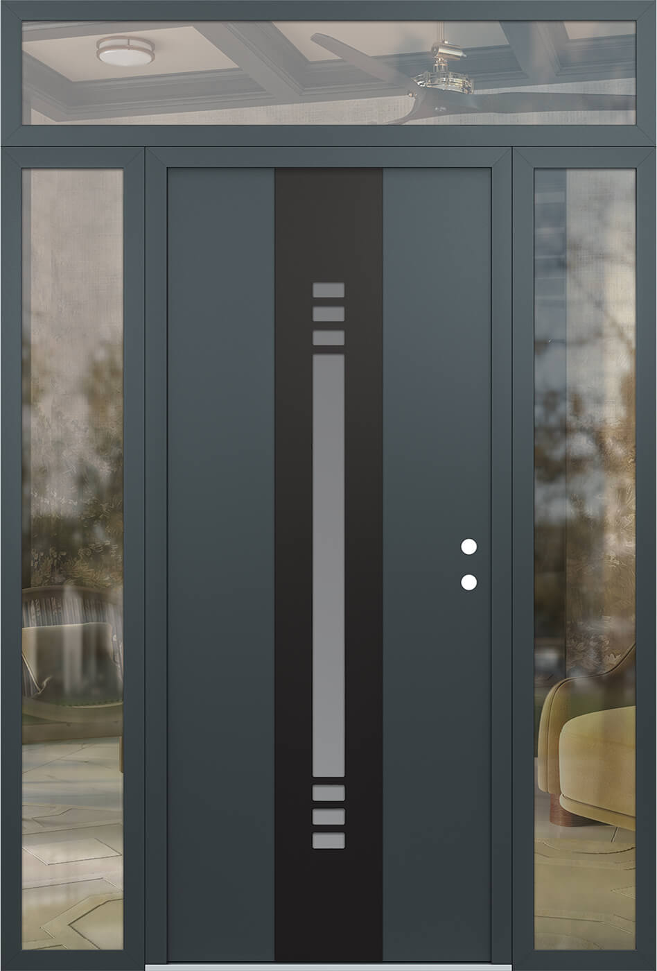 Modern Steel Front Door DIAMOND A5 60" X 96" ANTHRACITE/ANTHRACITE FROSTED GLASS PANEL BLACK LHI WITH 2 SIDELITES AND TRANSOM FROSTED GLASS