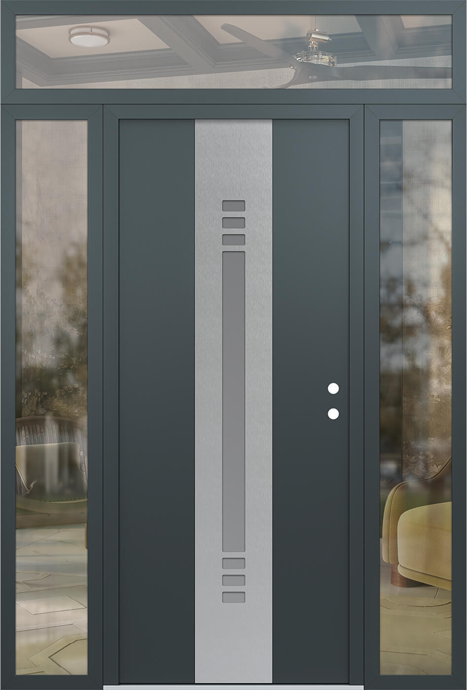 Modern Steel Front Door DIAMOND A5 60" X 96" ANTHRACITE/ANTHRACITE FROSTED GLASS PANEL STAINLESS STEEL LHI WITH 2 SIDELITES AND TRANSOM FROSTED GLASS