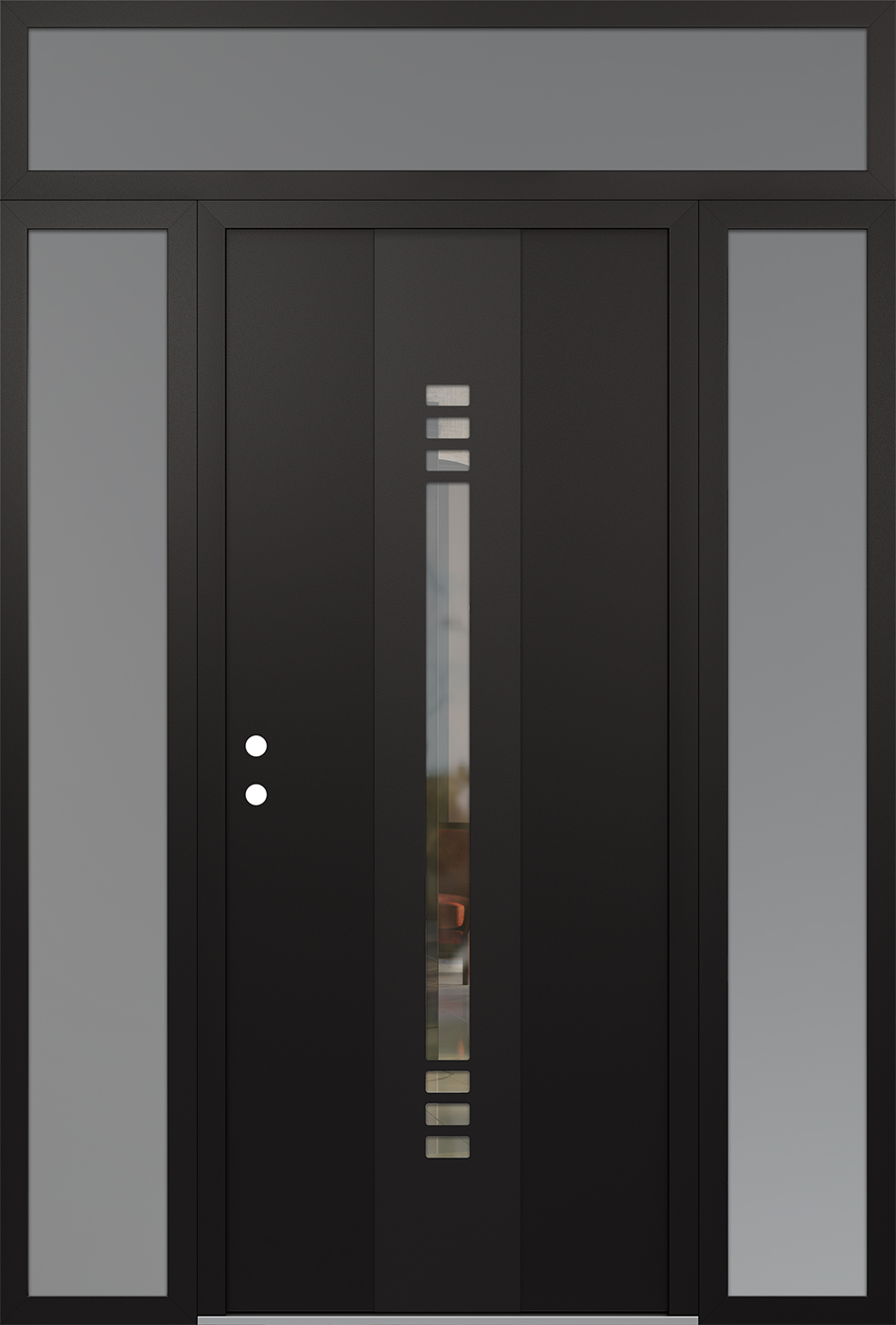 Modern Steel Front Door DIAMOND A5 60" X 96" BLACK/BLACK CLEAR GLASS PANEL BLACK RHI WITH 2 SIDELITES AND TRANSOM CLEAR GLASS