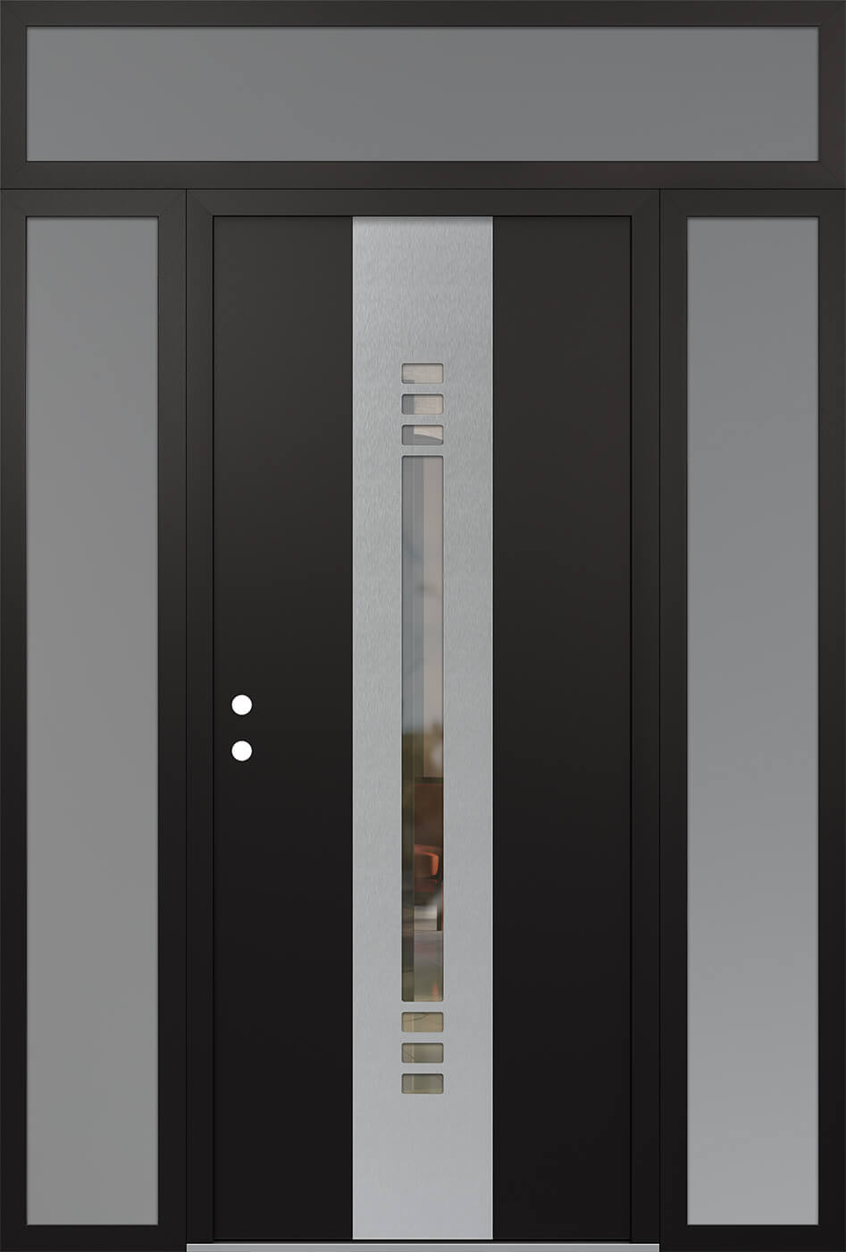 Modern Steel Front Door DIAMOND A5 60" X 96" BLACK/BLACK CLEAR GLASS PANEL STAINLESS STEEL RHI WITH 2 SIDELITES AND TRANSOM MIRRORED GLASS