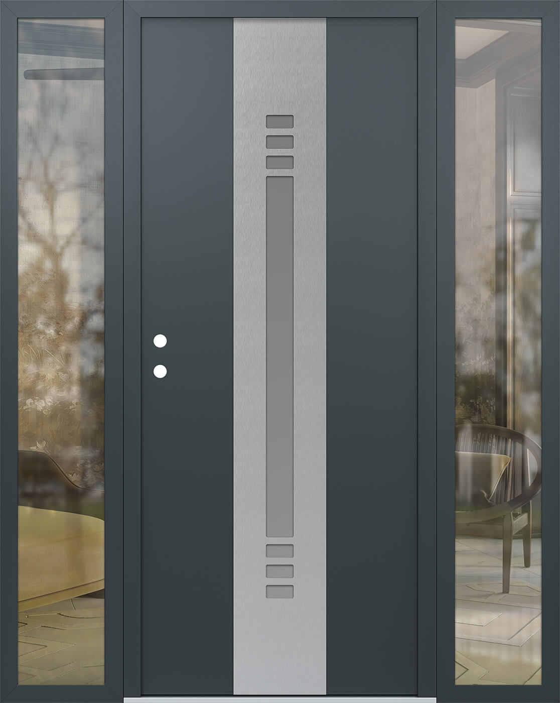 Modern Steel Front Door DIAMOND A5 64" X 80" ANTHRACITE/ANTHRACITE FROSTED GLASS PANEL STAINLESS STEEL RHI WITH 2 SIDELITES MIRRORED GLASS