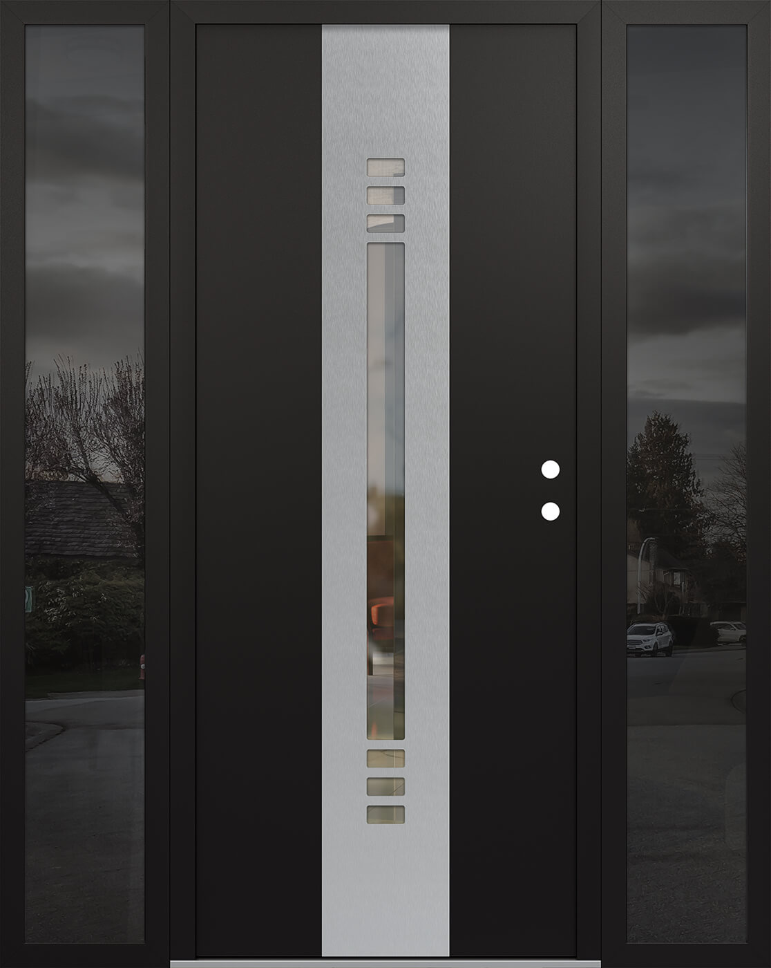 Modern Steel Front Door DIAMOND A5 64" X 80" BLACK/BLACK CLEAR GLASS PANEL STAINLESS STEEL LHI WITH 2 SIDELITES CLEAR GLASS