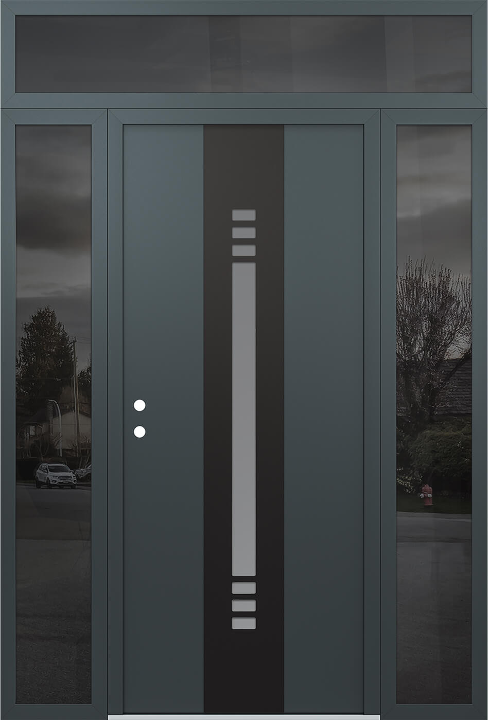 Modern Steel Front Door DIAMOND A5 64" X 96" ANTHRACITE/ANTHRACITE FROSTED GLASS PANEL BLACK RHI WITH 2 SIDELITES AND TRANSOM FROSTED GLASS