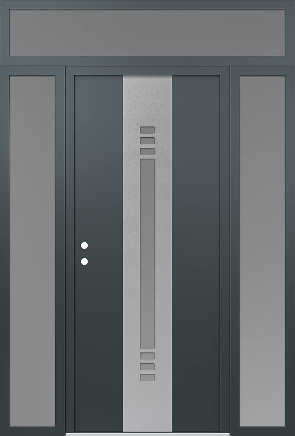 Modern Steel Front Door DIAMOND A5 64" X 96" ANTHRACITE/ANTHRACITE FROSTED GLASS PANEL STAINLESS STEEL RHI WITH 2 SIDELITES AND TRANSOM CLEAR GLASS