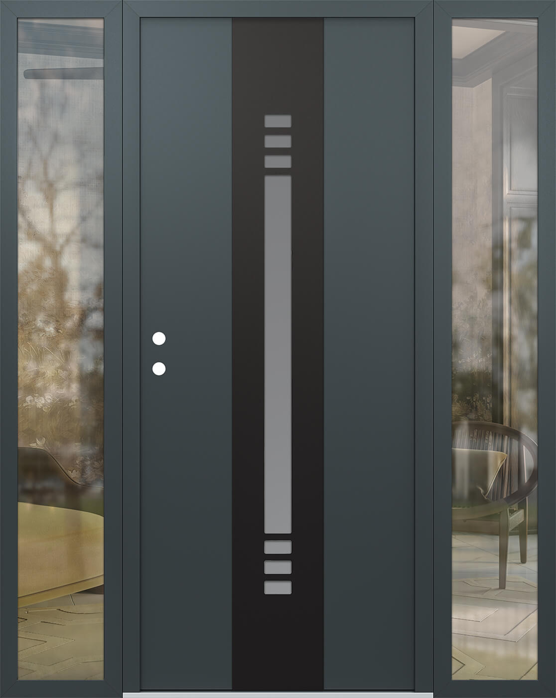 Modern Steel Front Door DIAMOND A5 68" X 80" ANTHRACITE/ANTHRACITE FROSTED GLASS PANEL BLACK RHI WITH 2 SIDELITES MIRRORED GLASS